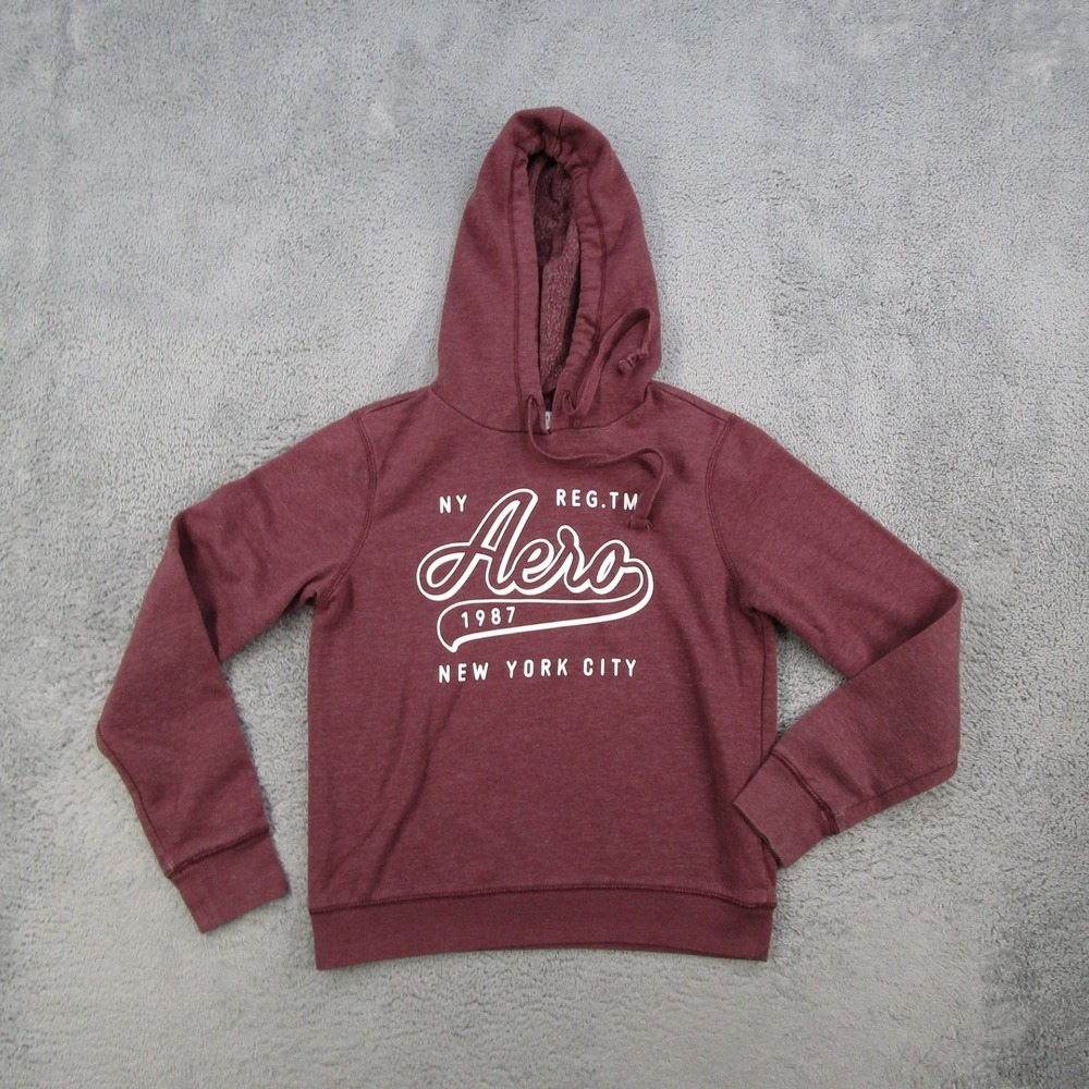 Aeropostale Womens Hoodie Small Burgundy NY Aero 1987 Graphic Pullover Sweater